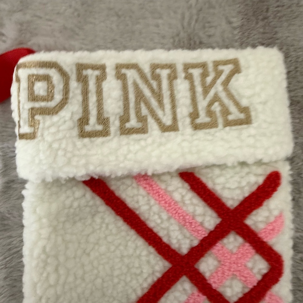 PINK Victoria's Secret White Sherpa Stocking with Red Ribbon - Picture 3 of 5